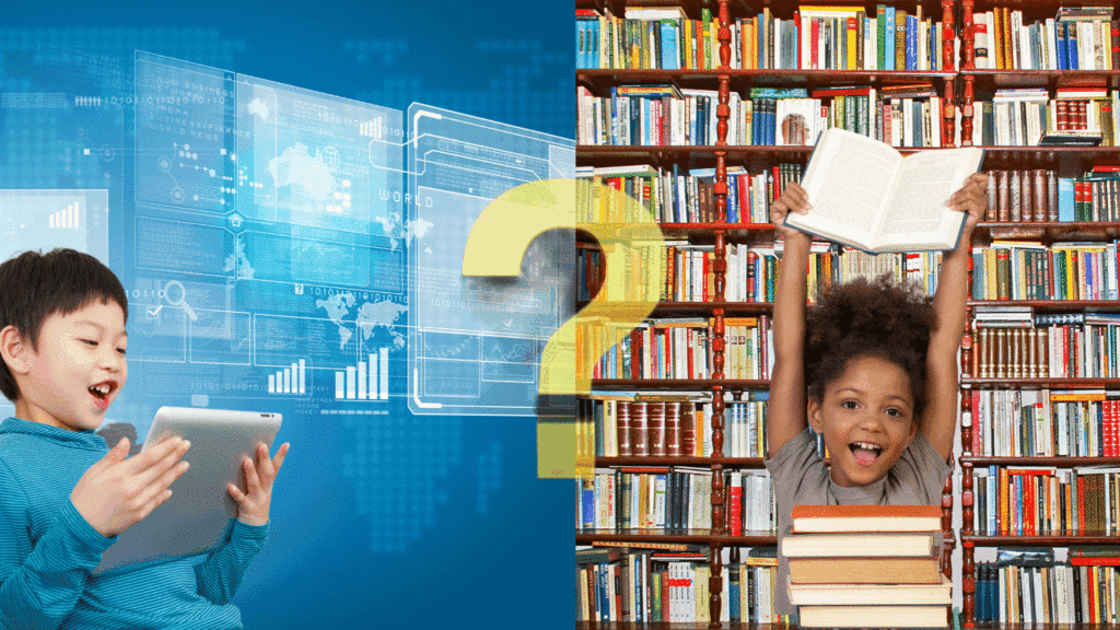 Girl holding books with bookshelf background and boy reading from an iPad with tech background