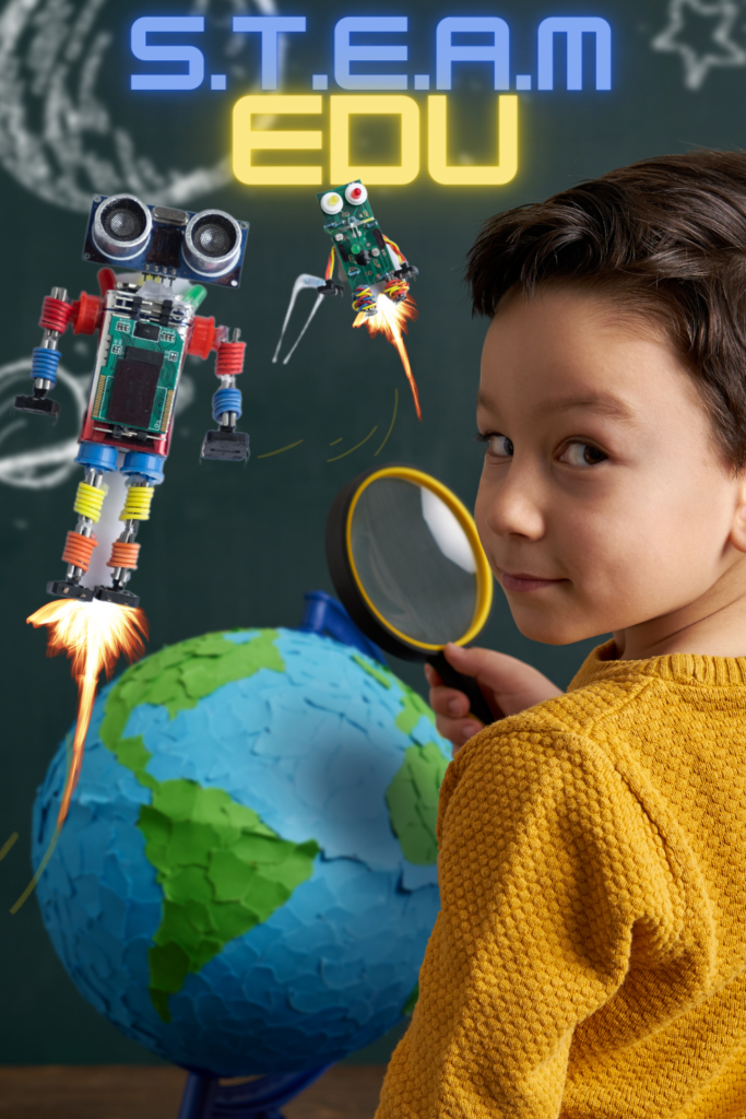 A boy with a magnifying glass looks over his shoulder at the camera, in front of a colorful globe and two realistic mini robots with fire coming out of their feet. "S.T.E.A.M. EDU" in stylized Neon letters.