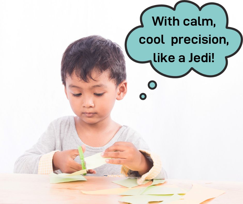 A young boy cutting a piece of paper with scissors, displaying calm and focus.