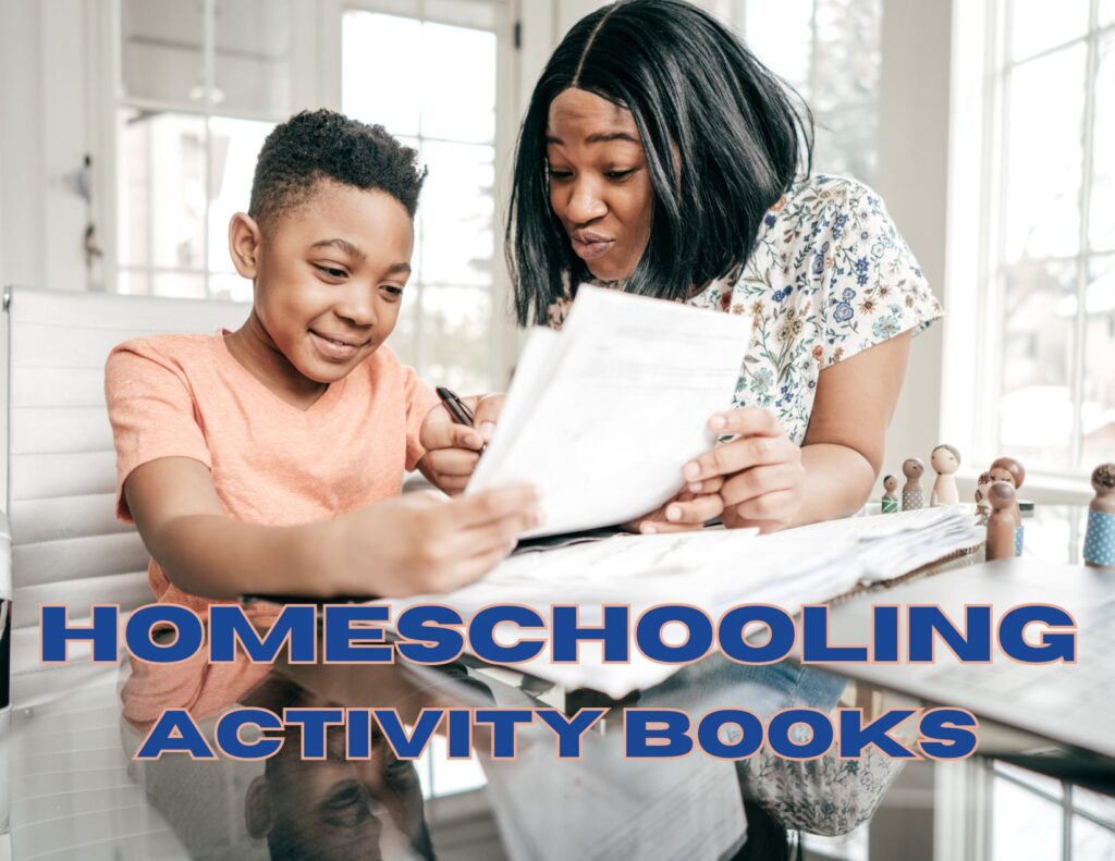  A mother and her child are sitting together at a table, with the child working on a homeschooling activity book. The mother is helping the child with the school work, and they both have smiles on their faces.