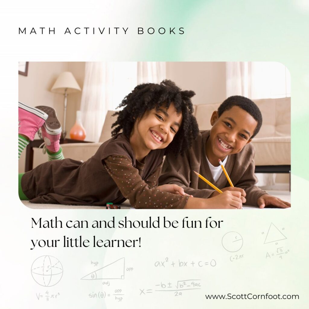 Brother and sister smiling while doing activity book about math