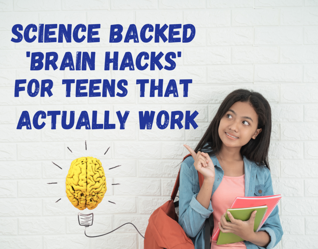 Teen girl with school books and brain hack sign