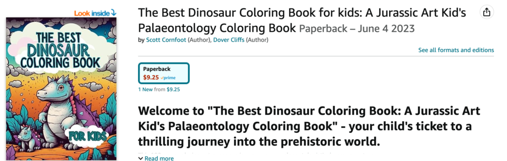 Cover image of "The Best Dinosaur Coloring Book for Kids" displayed on Amazon, showcasing vibrant dinosaur illustrations. 