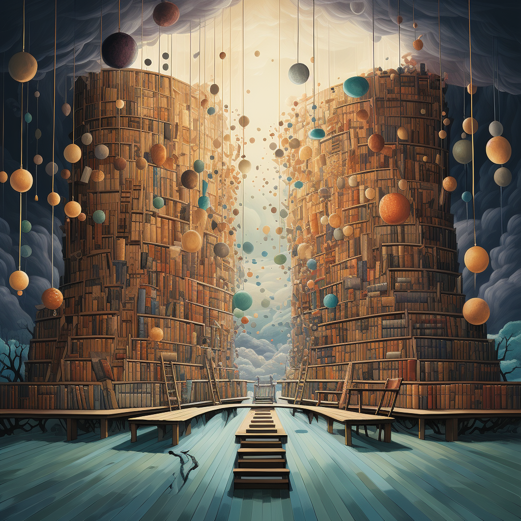  Illustration depicting the debate between Whole Language and Evidence-Based Reading with two towering shelves stacked with books on opposing sides against a library background, with dark clouds permeating the edges of the image