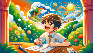 Anime-style illustration of a joyful child writing in cursive outdoors in summer.