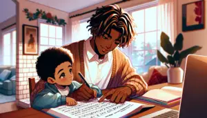 African-American parent teaching child cursive writing at home in an anime-style illustration