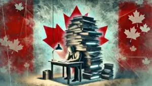 A teacher sits beneath a towering stack of oversized books and paperwork, with a faint Canadian flag waving in the background. A small glowing tablet lies beside them, symbolizing the challenge of doing so much with limited resources in the education system.